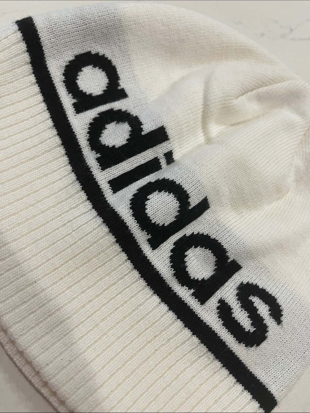 NWOT Adidas White Beanie with Black Logo Stripe - Picture 3 of 5